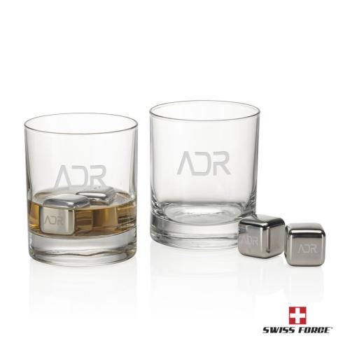 Corporate Recognition Gifts - Etched Barware - Swiss Force® S/S Ice Cubes & 2 Chelsea OTR