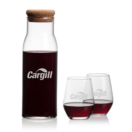 Corporate Recognition Gifts - Etched Barware - Aviston Carafe & Mandelay Stemless Wine