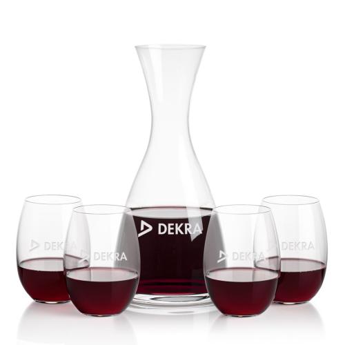 Corporate Recognition Gifts - Etched Barware - Barham Carafe & Carlita Stemless Wine