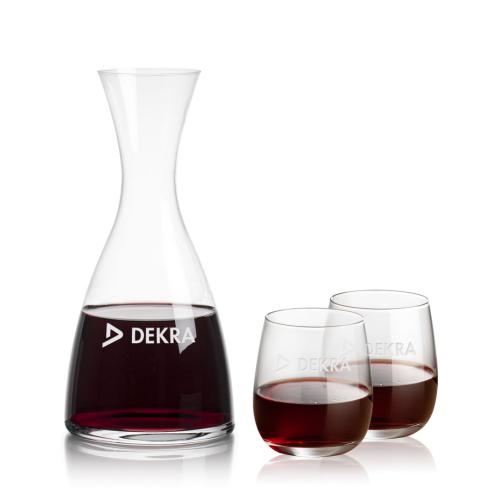 Corporate Recognition Gifts - Etched Barware - Barham Carafe & Crestview Stemless Wine