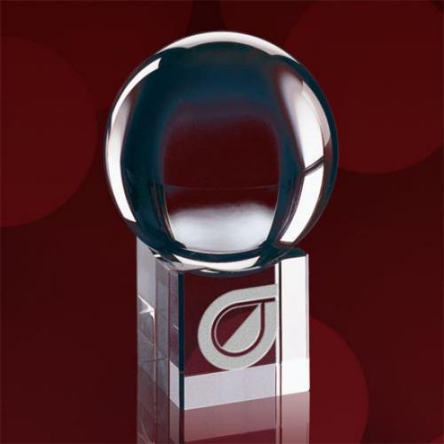 Corporate Awards - Crystal Awards - Crystal Globe Awards  - Optical Sphere on Cube Base