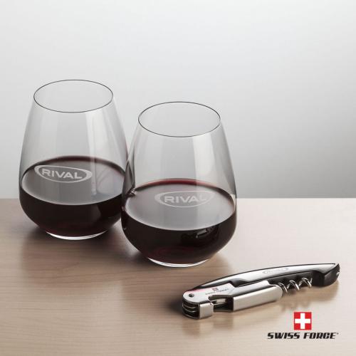 Corporate Gifts, Recognition Gifts and Desk Accessories - Etched Barware - Swiss Force® Opener & 2 Brunswick Stemless