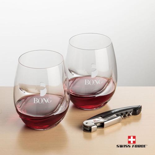 Corporate Gifts, Recognition Gifts and Desk Accessories - Etched Barware - Swiss Force® Opener & 2 Bartolo Stemless