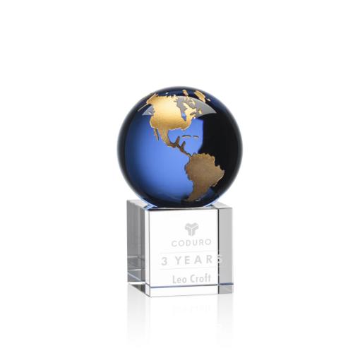 Corporate Awards - Crystal Awards - Crystal Globe Awards  - Haywood Globe Blue/Gold Spheres Crystal Award