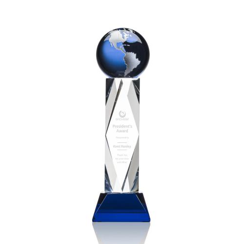 Corporate Awards - Crystal Awards - Ripley Globe Blue/Silver Obelisk Crystal Award