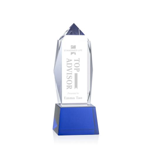 Corporate Awards - Crystal Awards - Crystal Pillar Awards - Bloomington Blue  on Base Obelisk Crystal Award