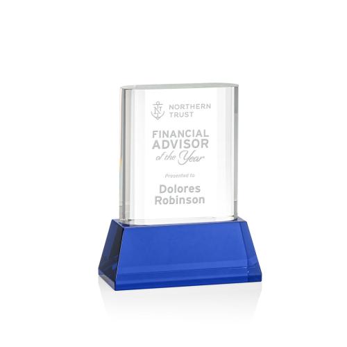 Corporate Awards - Glass Awards - Colored Glass Awards - Merit Blue on Base Rectangle Crystal Award