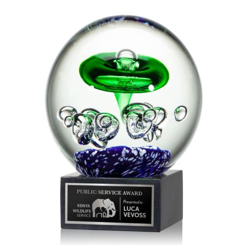 Corporate Awards - Glass Awards - Art Glass Awards - Aquarius Spheres on Square Marble Base Glass Award