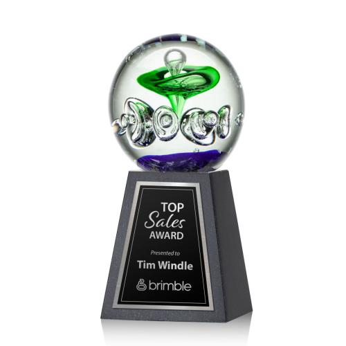 Corporate Awards - Glass Awards - Art Glass Awards - Aquarius Spheres on Tall Marble Base Glass Award