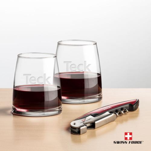 Corporate Gifts, Recognition Gifts and Desk Accessories - Etched Barware - Swiss Force® Opener & 2 Telford Stemless