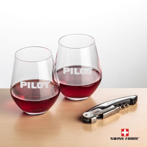 Corporate Gifts, Recognition Gifts and Desk Accessories - Etched Barware - Swiss Force® Opener & 2 Reina Stemless
