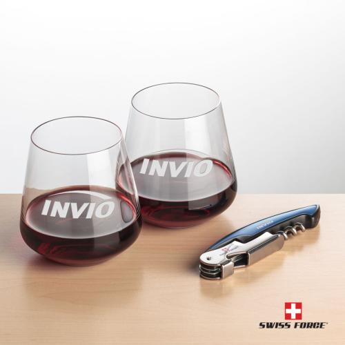 Corporate Gifts, Recognition Gifts and Desk Accessories - Etched Barware - Swiss Force® Opener & 2 Breckland Stemless