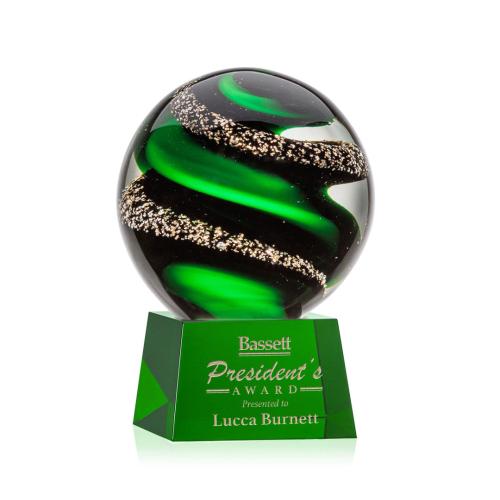 Corporate Awards - Glass Awards - Art Glass Awards - Zodiac Green on Robson Base Spheres Glass Award