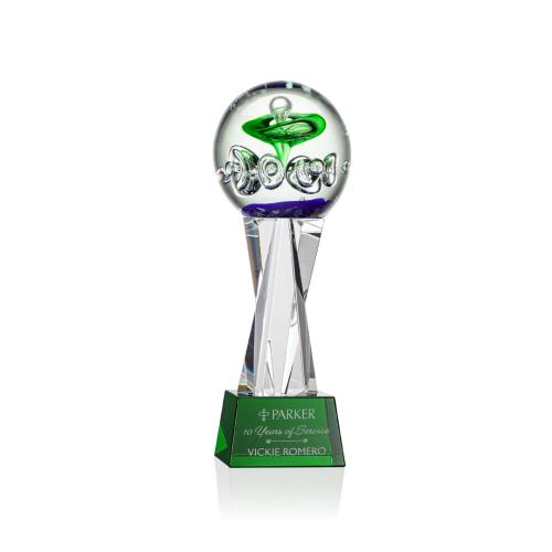 Corporate Awards - Glass Awards - Art Glass Awards - Aquarius Green on Grafton Base Obelisk Glass Award