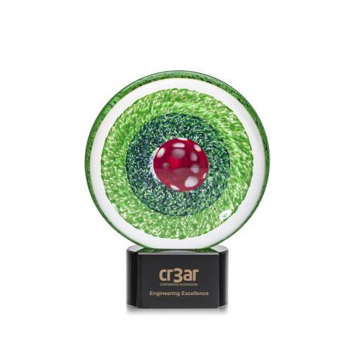 Corporate Awards - Glass Awards - Art Glass Awards - On Target Circle on Black Base Glass Award