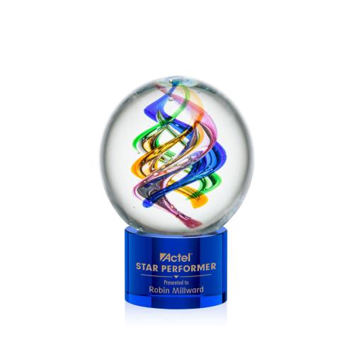 Corporate Awards - Glass Awards - Art Glass Awards - Galileo Blue on Marvel Base Spheres Glass Award
