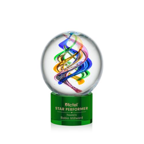 Corporate Awards - Glass Awards - Art Glass Awards - Galileo Green on Marvel Base Spheres Glass Award