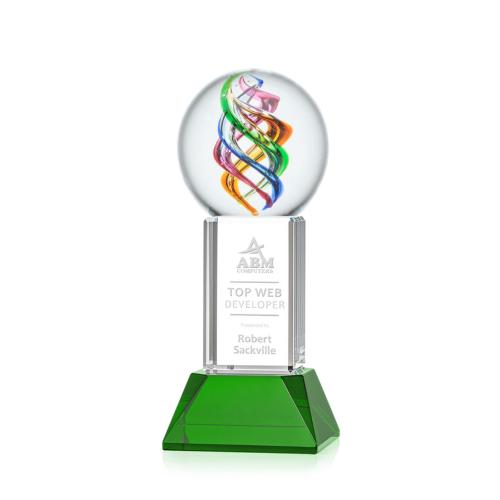 Corporate Awards - Glass Awards - Art Glass Awards - Galileo Green on Stowe Base Spheres Glass Award