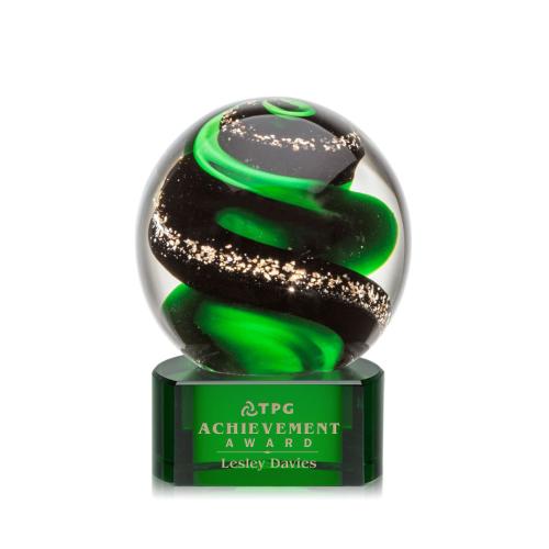 Corporate Awards - Glass Awards - Art Glass Awards - Zodiac Green on Paragon Base Spheres Glass Award