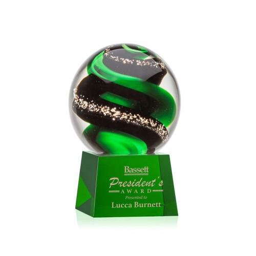 Corporate Awards - Glass Awards - Art Glass Awards - Zodiac Green on Robson Base Spheres Glass Award
