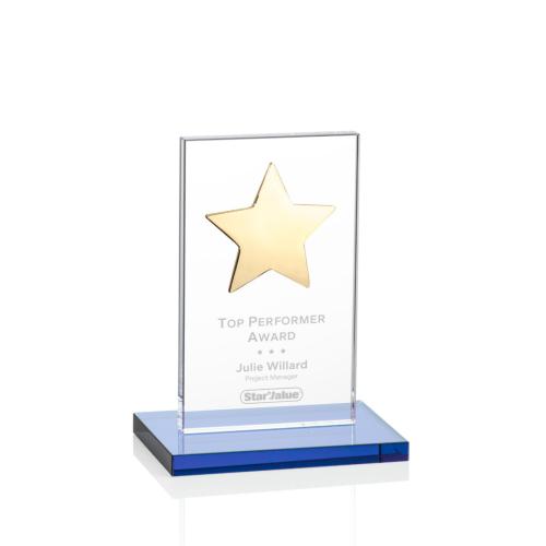 Corporate Awards - Dallas Star Sky Blue/Gold  Rectangle Crystal Award