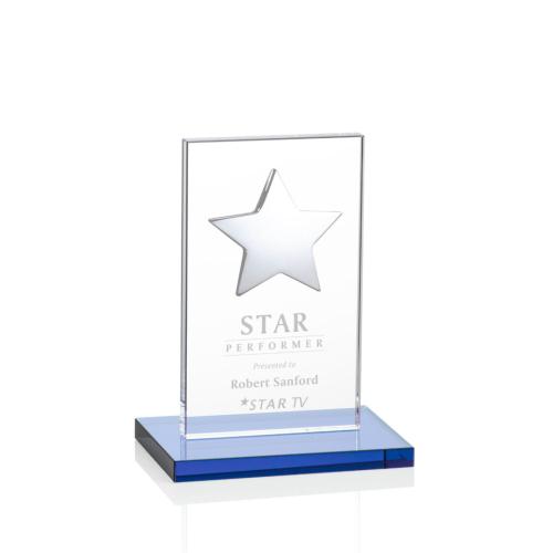 Corporate Awards - Crystal Awards - Crystal Star Awards - Dallas Star Sky Blue/Silver Rectangle Crystal Award