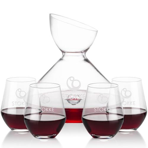 Corporate Recognition Gifts - Etched Barware - Woodbury Carafe & Reina Stemless Wine