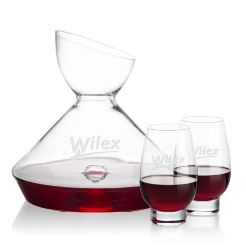 Corporate Recognition Gifts - Etched Barware - Woodbury Carafe & Glenarden Stemless Wine