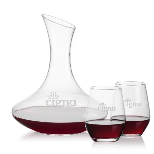Corporate Recognition Gifts - Etched Barware - Hampton Carafe & Mandelay Stemless Wine