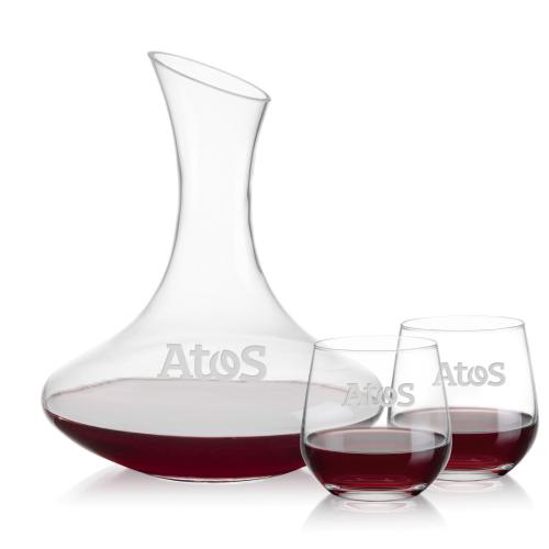 Corporate Recognition Gifts - Etched Barware - Hampton Carafe & Garland Stemless Wine