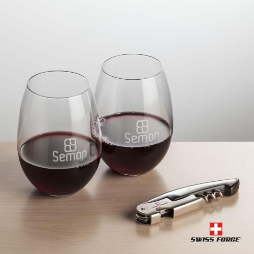 Corporate Recognition Gifts - Etched Barware - Swiss Force® Opener & 2 Carlita Stemless
