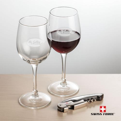Corporate Recognition Gifts - Etched Barware - Swiss Force® Opener & 2 Connoisseur Wine
