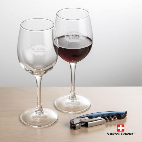 Corporate Recognition Gifts - Etched Barware - Swiss Force® Opener & 2 Connoisseur Wine