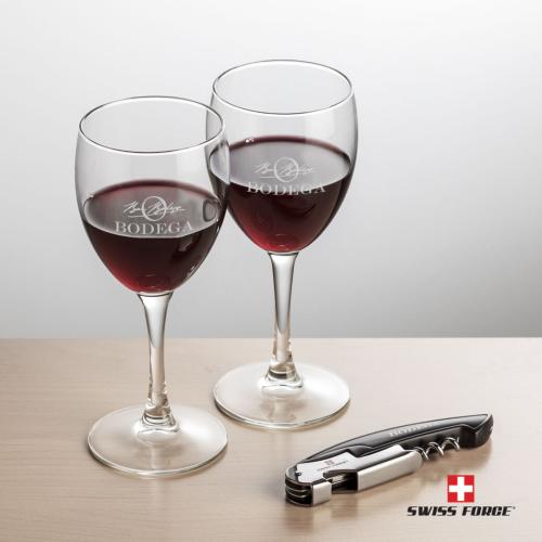 Corporate Recognition Gifts - Etched Barware - Swiss Force® Opener & 2 Carberry Wine