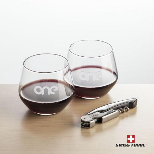 Corporate Recognition Gifts - Etched Barware - Swiss Force® Opener & 2 Mandelay Stemless
