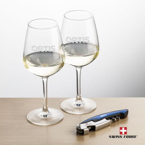 Corporate Recognition Gifts - Etched Barware - Swiss Force® Opener & 2 Mandelay Wine