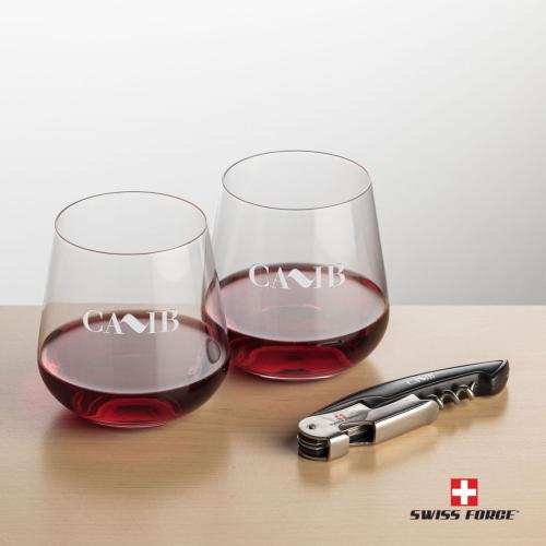 Corporate Recognition Gifts - Etched Barware - Swiss Force® Opener & 2 Howden Stemless