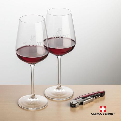 Corporate Recognition Gifts - Etched Barware - Swiss Force® Opener & 2 Elderwood Wine