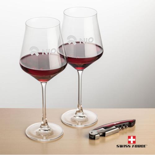 Corporate Recognition Gifts - Etched Barware - Swiss Force® Opener & 2 Bretton Wine