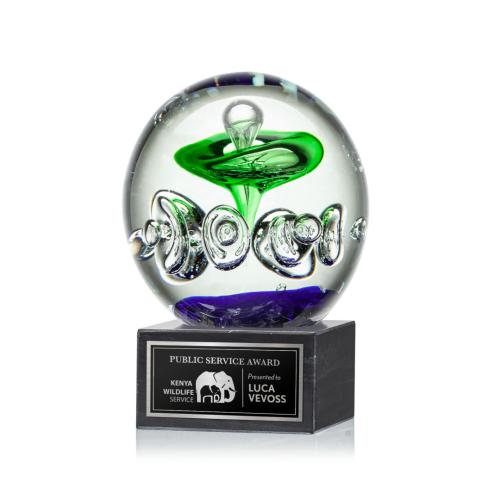 Corporate Awards - Glass Awards - Art Glass Awards - Aquarius Spheres on Square Marble Base Glass Award