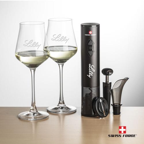 Corporate Recognition Gifts - Etched Barware - Swiss Force® Opener Set & Bretton Wine