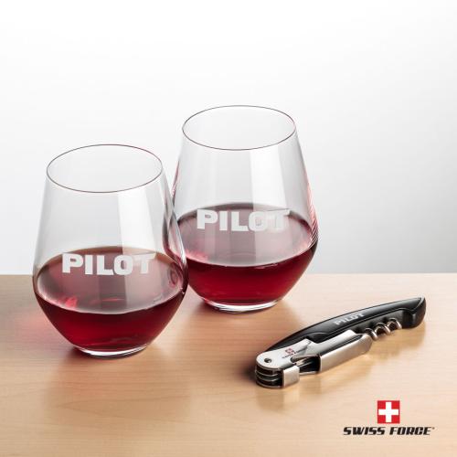 Corporate Recognition Gifts - Etched Barware - Swiss Force® Opener & 2 Reina Stemless