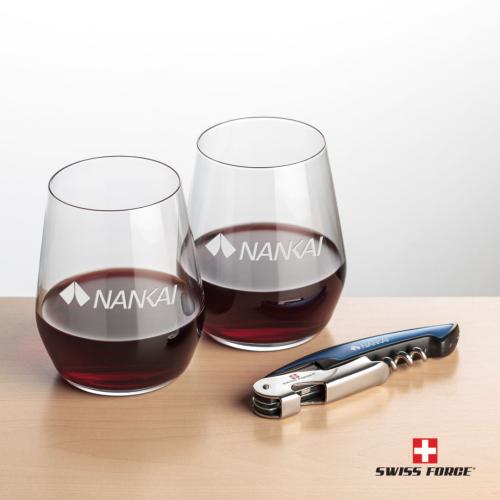 Corporate Recognition Gifts - Etched Barware - Swiss Force® Opener & 2 Germain Stemless