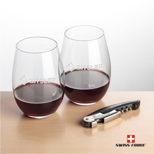 Corporate Recognition Gifts - Etched Barware - Swiss Force® Opener & 2 Laurent Stemless