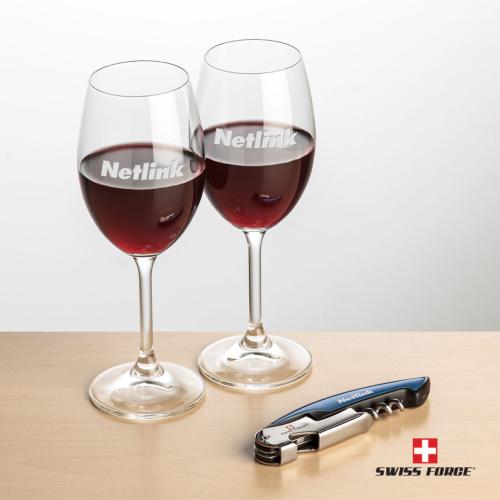 Corporate Recognition Gifts - Etched Barware - Swiss Force® Opener & 2 Naples Wine