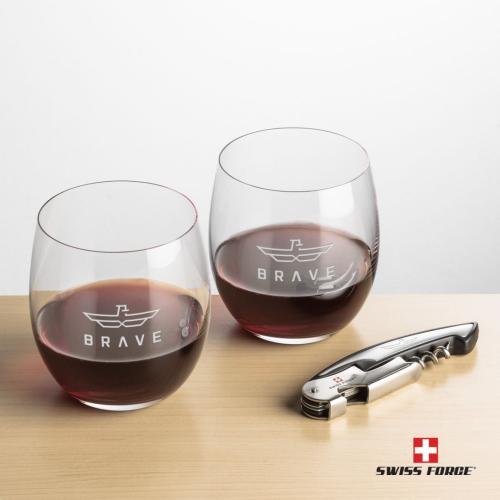 Corporate Recognition Gifts - Etched Barware - Swiss Force® Opener & 2 Zacata Stemless