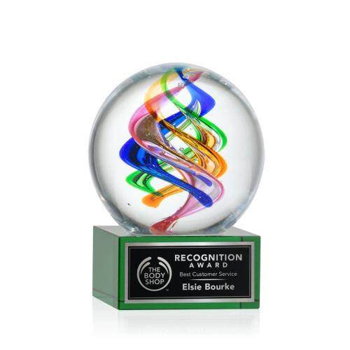 Corporate Awards - Glass Awards - Art Glass Awards - Galileo Green on Hancock Base Spheres Glass Award
