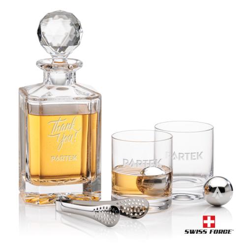 Corporate Recognition Gifts - Etched Barware - Bainbridge 3pc Decanter Set & S/S Ice Balls
