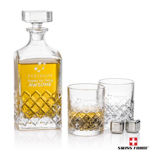 Corporate Recognition Gifts - Etched Barware - Longford 3pc Decanter Set & S/S Ice Cubes