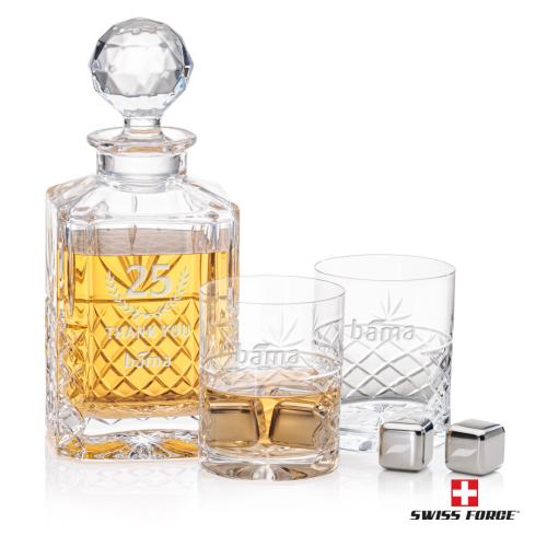 Corporate Recognition Gifts - Etched Barware - Pelham 3pc Decanter Set & S/S Ice Cubes